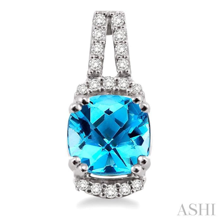 7x7 MM Cushion Cut Blue Topaz and 1/4 Ctw Round Cut Diamond Earrings in 14k White Gold