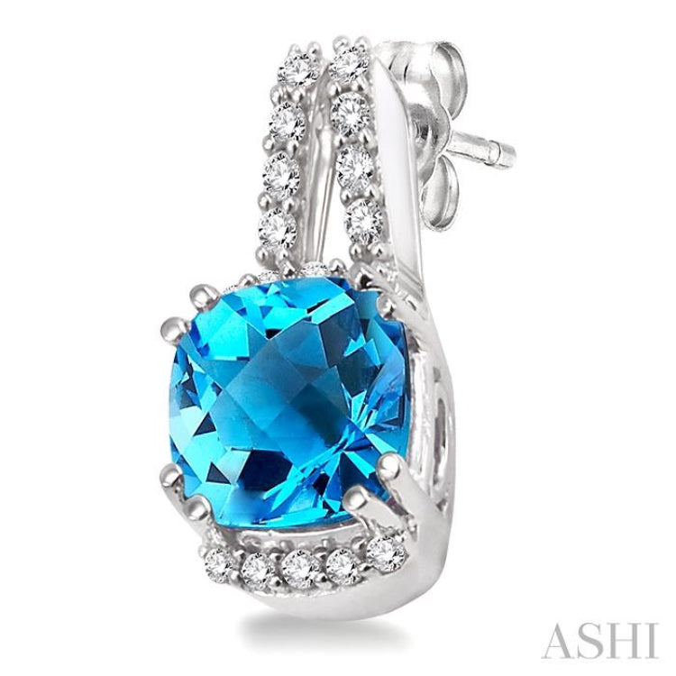 7x7 MM Cushion Cut Blue Topaz and 1/4 Ctw Round Cut Diamond Earrings in 14k White Gold