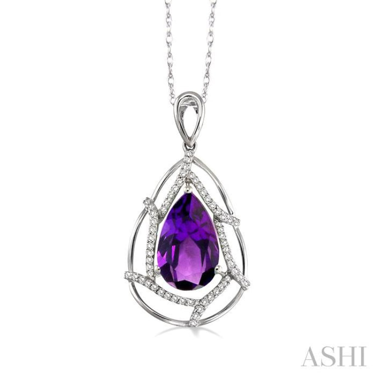 10x7mm Pear Shape Amethyst and 1/5 Ctw Round Cut Diamond Pendant in 14K White Gold with Chain