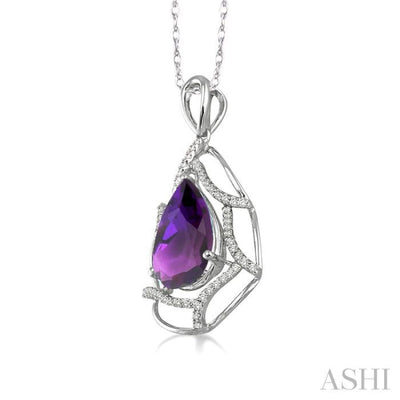10x7mm Pear Shape Amethyst and 1/5 Ctw Round Cut Diamond Pendant in 14K White Gold with Chain