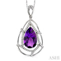 10x7mm Pear Shape Amethyst and 1/5 Ctw Round Cut Diamond Pendant in 14K White Gold with Chain