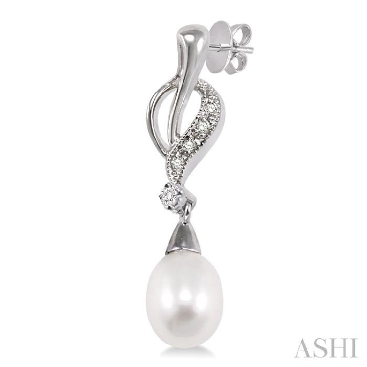8x6MM Drop Shape Cultured Pearls and 1/10 Ctw Round Cut Diamond Drop Earrings in 14K White Gold