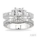 2 Ctw Diamond Wedding Set with 1 1/2 Ctw Princess Cut Engagement Ring and 1/2 Ctw Wedding Band in 14K White Gold
