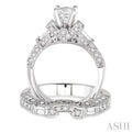 2 Ctw Diamond Wedding Set with 1 1/2 Ctw Princess Cut Engagement Ring and 1/2 Ctw Wedding Band in 14K White Gold