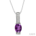 8x6  MM Oval Cut Amethyst and 1/50 Ctw Single Cut Diamond Pendant in Sterling Silver with Chain