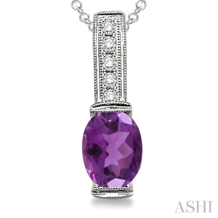 8x6  MM Oval Cut Amethyst and 1/50 Ctw Single Cut Diamond Pendant in Sterling Silver with Chain