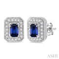 5x3 MM Octagon Cut Sapphire and 1/4 Ctw Round Cut Diamond Earrings in 14K White Gold
