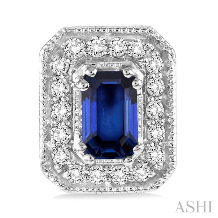 5x3 MM Octagon Cut Sapphire and 1/4 Ctw Round Cut Diamond Earrings in 14K White Gold