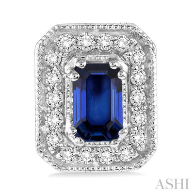 5x3 MM Octagon Cut Sapphire and 1/4 Ctw Round Cut Diamond Earrings in 14K White Gold