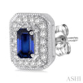 5x3 MM Octagon Cut Sapphire and 1/4 Ctw Round Cut Diamond Earrings in 14K White Gold