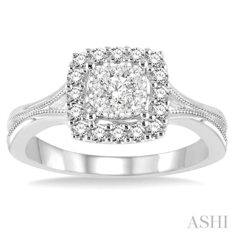 1/2 Ctw Square Shape Round Cut Diamond Lovebright Ring in 14K White Gold