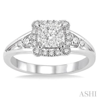 1/2 Ctw Square Shape Round Cut Diamond Lovebright Ring in 14K White Gold