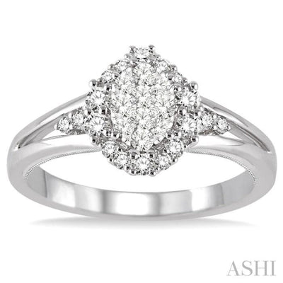 1/2 Ctw Oval Shape Round Cut Diamond Lovebright Ring in 14K White Gold