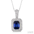 6x4  MM Emerald Cut Sapphire and 1/5 Ctw Round Cut Diamond Pendant in 14K White Gold with Chain
