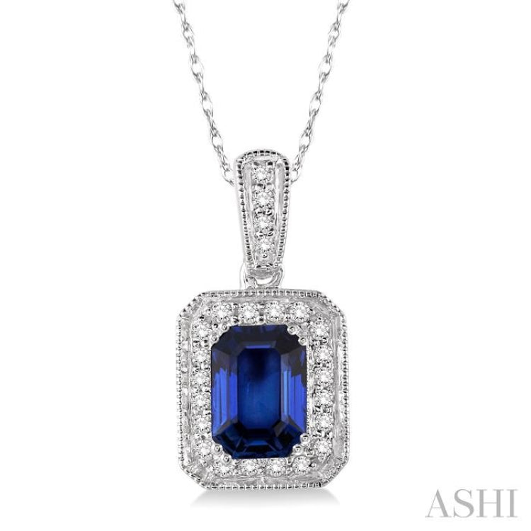 6x4  MM Emerald Cut Sapphire and 1/5 Ctw Round Cut Diamond Pendant in 14K White Gold with Chain