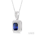 6x4  MM Emerald Cut Sapphire and 1/5 Ctw Round Cut Diamond Pendant in 14K White Gold with Chain