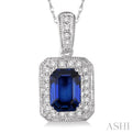6x4  MM Emerald Cut Sapphire and 1/5 Ctw Round Cut Diamond Pendant in 14K White Gold with Chain