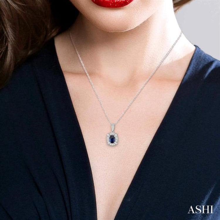 6x4  MM Emerald Cut Sapphire and 1/5 Ctw Round Cut Diamond Pendant in 14K White Gold with Chain