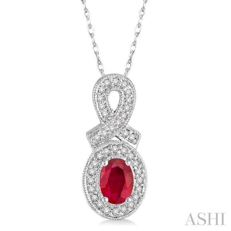 6x4 MM Oval Cut Ruby and 1/5 Ctw Round Cut Diamond Pendant in 14K White Gold with Chain