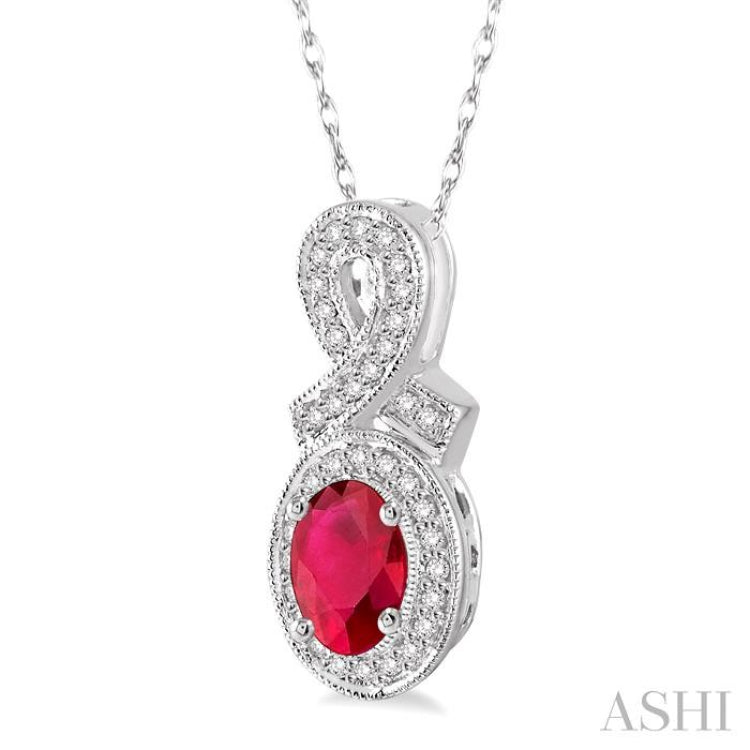 6x4 MM Oval Cut Ruby and 1/5 Ctw Round Cut Diamond Pendant in 14K White Gold with Chain