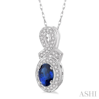 6x4 MM Oval Cut Sapphire and 1/5 Ctw Round Cut Diamond Pendant in 14K White Gold with Chain