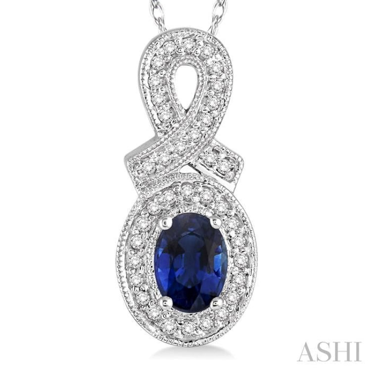 6x4 MM Oval Cut Sapphire and 1/5 Ctw Round Cut Diamond Pendant in 14K White Gold with Chain