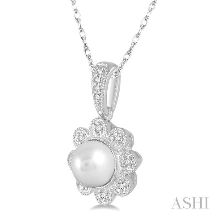 6.5 MM Cultured Pearl and 1/20 Ctw Round Cut Diamond Pendant in 10K White Gold with Chain