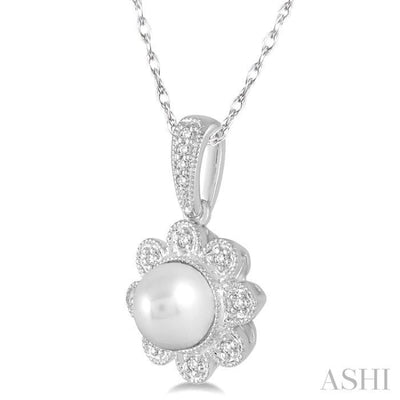 6.5 MM Cultured Pearl and 1/20 Ctw Round Cut Diamond Pendant in 10K White Gold with Chain