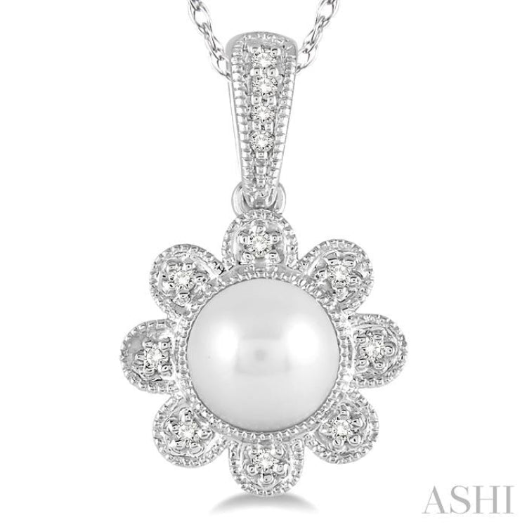 6.5 MM Cultured Pearl and 1/20 Ctw Round Cut Diamond Pendant in 10K White Gold with Chain