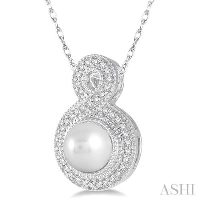 7x7 MM Cultured Pearl and 1/6 Ctw Round Cut Diamond Fancy Pendant in 10K White Gold with Chain