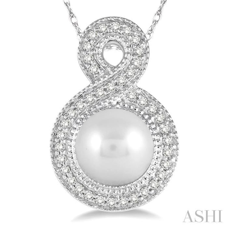 7x7 MM Cultured Pearl and 1/6 Ctw Round Cut Diamond Fancy Pendant in 10K White Gold with Chain