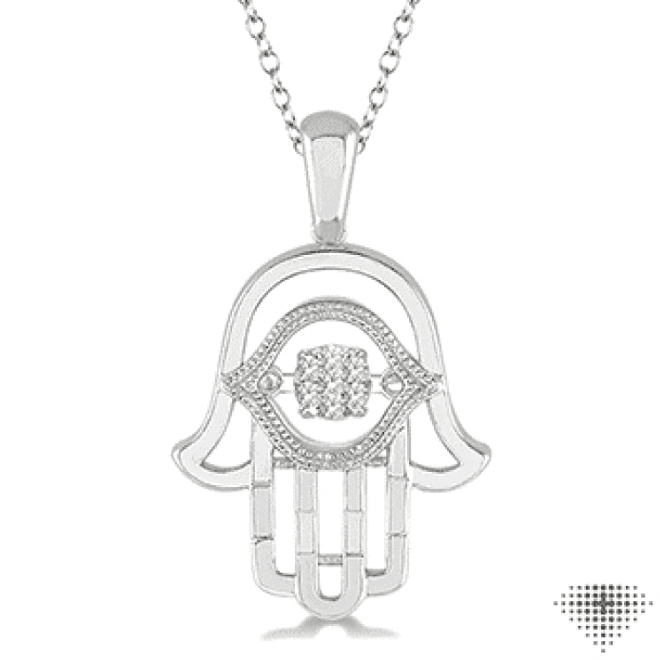 1/10 Ctw Round Cut Diamond Emotion Hamsa Pendant in Sterling Silver with Chain
