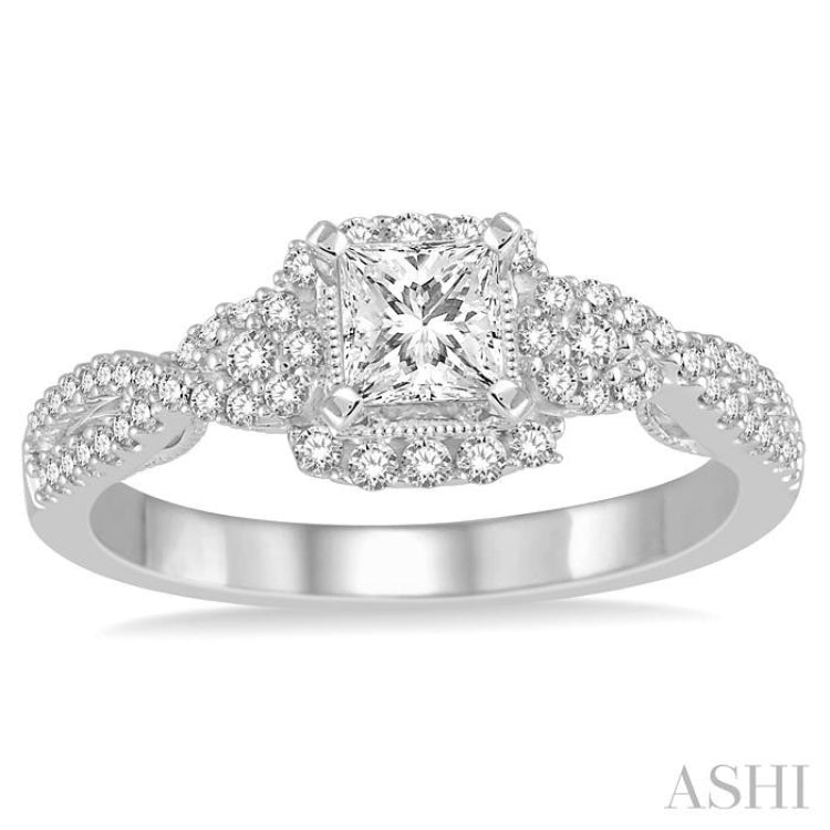 1/2 Ctw Diamond Engagement Ring with 1/4 Ct Princess Cut Center Stone in 14K White Gold
