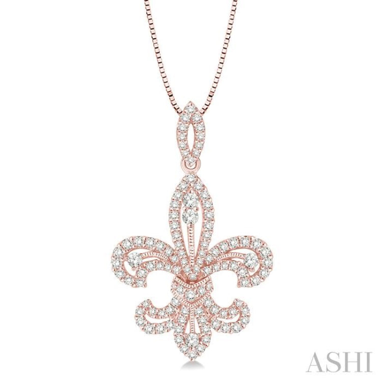 7/8 Ctw Round Cut Diamond Fleur De Lis Diamond Pendant in 14K Rose Gold with Chain