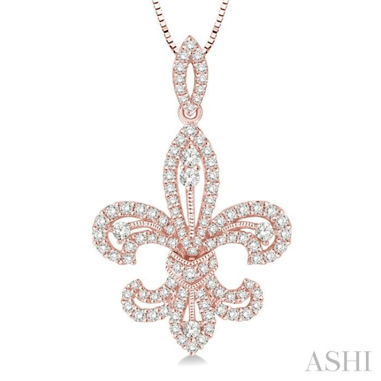 7/8 Ctw Round Cut Diamond Fleur De Lis Diamond Pendant in 14K Rose Gold with Chain