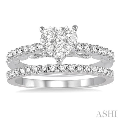 3/4 Ctw Diamond Lovebright Wedding Set With 5/8 Ctw Heart Shape Engagement Ring and 1/6 Ctw Wedding Band in 14K White Gold