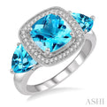 1/10 Ctw Round Cut Diamond, 8x8mm Cushion Cut and 6x6mm Trillion Cut Blue Topaz Semi Precious Ring in 10K White Gold
