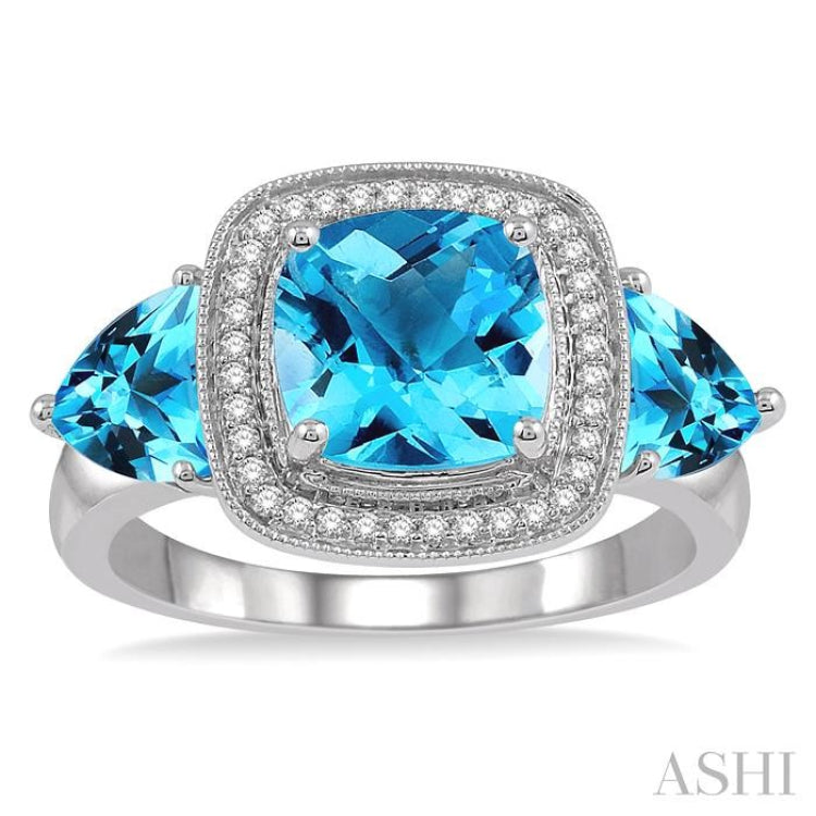 1/10 Ctw Round Cut Diamond, 8x8mm Cushion Cut and 6x6mm Trillion Cut Blue Topaz Semi Precious Ring in 10K White Gold