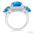 1/10 Ctw Round Cut Diamond, 8x8mm Cushion Cut and 6x6mm Trillion Cut Blue Topaz Semi Precious Ring in 10K White Gold