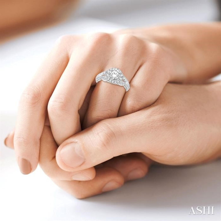 1 1/10 ctw Round Cut Diamond Ladies Engagement Ring with 1/2 Ct Round Cut Center Stone in 14K White Gold