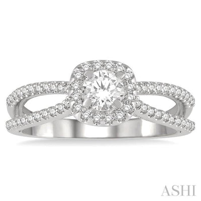 5/8 Ctw Cushion Shape Split Shank Diamond Engagement Ring with 1/3 Ct Round Cut Center Stone in 14K White Gold