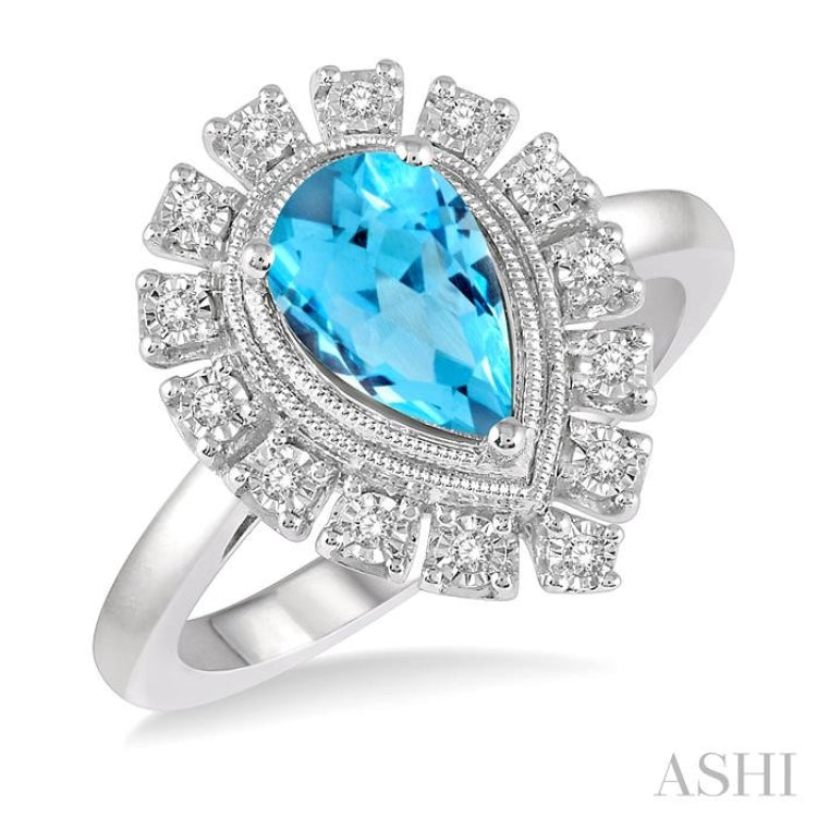 1/10 Ctw Lattice Pear Shape 9x6mm Blue Topaz & Round Cut Diamond Semi Precious Ring in 10K White Gold