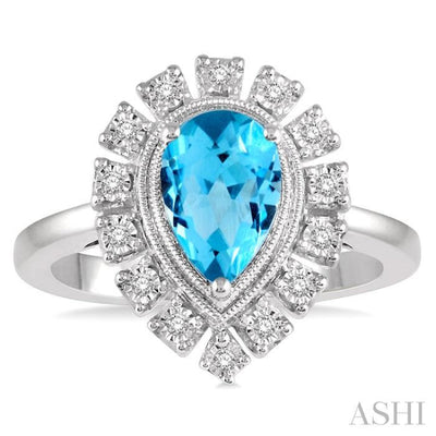 1/10 Ctw Lattice Pear Shape 9x6mm Blue Topaz & Round Cut Diamond Semi Precious Ring in 10K White Gold