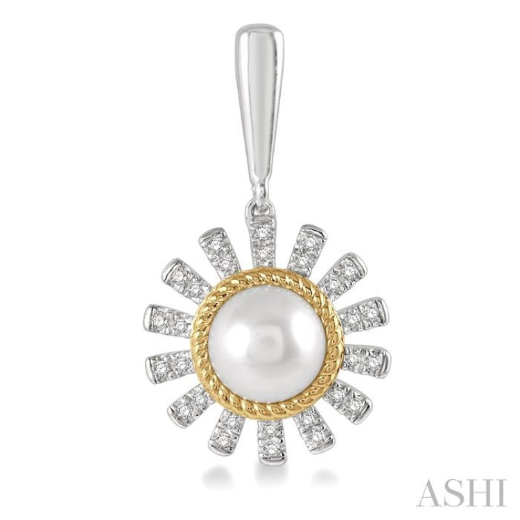1/5 Ctw Sunflower 6x6MM Cultured Pearls & Round Cut Diamond Earring in 10K White and Yellow Gold