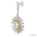 1/5 Ctw Sunflower 6x6MM Cultured Pearls & Round Cut Diamond Earring in 10K White and Yellow Gold