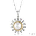 1/8 Ctw Sunflower 7x7MM Cultured Pearl & Round Cut Diamond Pendant With Chain in 10K White and Yellow Gold