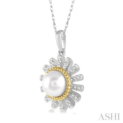 1/8 Ctw Sunflower 7x7MM Cultured Pearl & Round Cut Diamond Pendant With Chain in 10K White and Yellow Gold