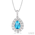 1/10 Ctw Pear Shape 9x6mm Blue Topaz & Round Cut Diamond Semi Precious Pendant With Chain in 10K White Gold