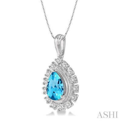 1/10 Ctw Pear Shape 9x6mm Blue Topaz & Round Cut Diamond Semi Precious Pendant With Chain in 10K White Gold
