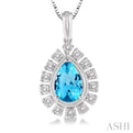1/10 Ctw Pear Shape 9x6mm Blue Topaz & Round Cut Diamond Semi Precious Pendant With Chain in 10K White Gold